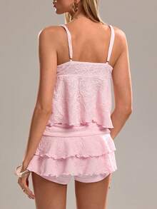 Sweetina Women's Sexy & Sweet Drawstring Cake Pleated Skirt & Camisole 2 Pieces Set - Pink - View 2
