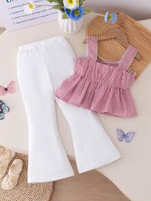 SHEIN Elladie kids 少女时尚套装，大蝴蝶结吊带连衣裙背心+修身喇叭裤，甜美可爱两件套，夏季 - 紅色 - 查看 2