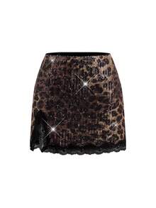 Ellevyn Satin Contrast Lace Trim Slit Sexy & Elegant Fitted Women Skirt, Black Lace-Trimmed Leopard Print Sequined Shimmering High-End Slit Midi Skirt Perfect For Parties, Evening Events, And Holiday Dresses.  New Year's Eve Skirt Leopard Print Skirt Sequin Skirt Bling Skirt - Multicolor - View 7