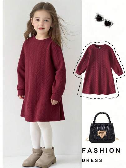 Elladie kids 女童编织纹理长袖针织连衣裙，酒红色，适合日常、运动、休闲和户外穿着