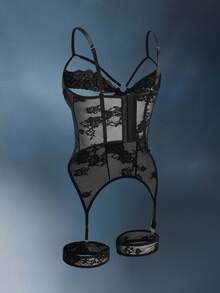 Bowknot Strap Sexy Alluring Hollow-Out Floral Lace Sheer Lingerie For Women - Black - View 3
