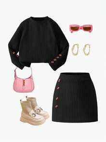 Elladie kids 2pcs/Set Young Girls Pink Textured Long Sleeve T-Shirt And Textured Button Skirt - Black - View 5