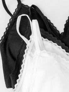 Tween Girls Bras And Bralettes-Bralette Set 4 Pieces Lace Trim Spaghetti Strap Wireless Soft Comfort Lightweight Breathable Seamless Adjustable Sleepwear Crop Top Everyday Layering Black White Pack Four Season 2026 New Year Holiday Essential Youth Innerwear Cute Minimalist - Black and White - View 6