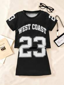 SHEIN Set de 2 piezas de camiseta de manga corta con estampado de letra universitaria 23 y falda para niña joven - Multicolor - Ver 6