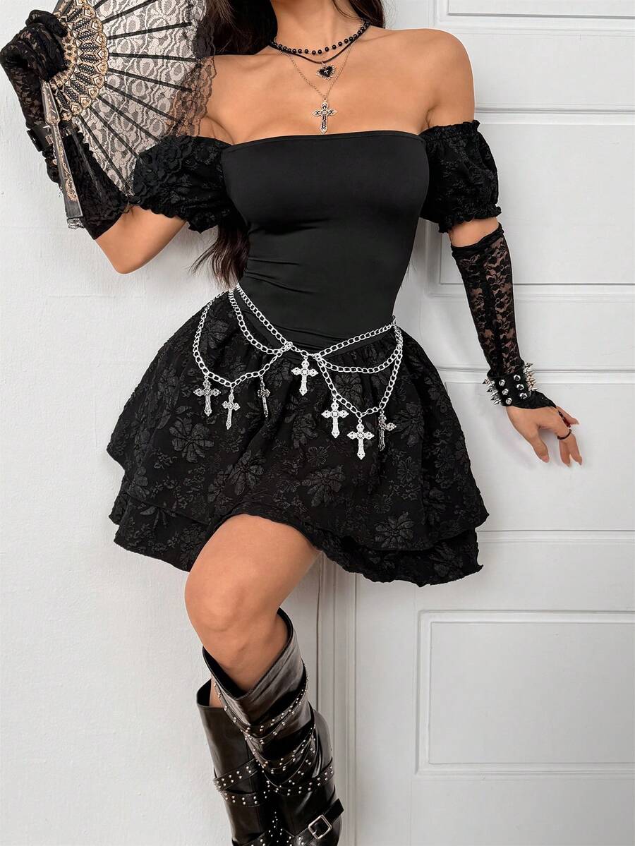 Coolane Women's All-Season Concert Outfit Rave Outfit Going Out Rave Outfit Renaissance Fair Club Outfits Party Date Night Goth Y2K Flower Lace Off The Shoulder Long Sleeve Dress - Black - View 1