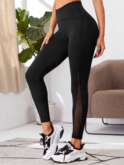 سروال رياضي للنساء مع لوحة شبكية متباينة للتحكم في البطن، سروال يوجا