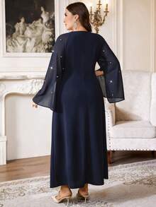 Firerie 大码浪漫粉色雪纺拼接方领A字连衣裙，适合文艺复兴集市、毕业典礼、女士正式场合穿着。 - 藏蓝色 - 查看 2