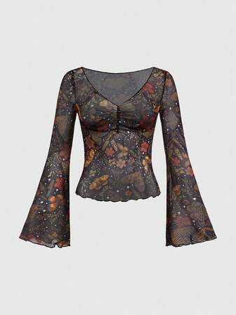 Fairycore Blouse transparente à col bénitier avec imprimé floral et papillon, mignonne et sexy pour femmes, automne/hiver
