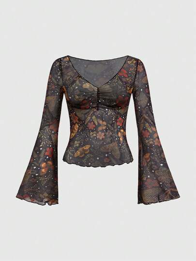 Fairycore Cute & Sexy Floral & Butterfly Print Sheer Mesh Low-Cut Blouse For Women, Autumn/Winter