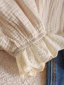 CosyJoli 大码女式纯色翻领前开襟纽扣休闲长袖衬衫 - 杏色 - 查看 7