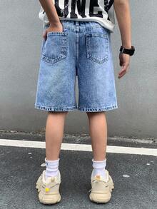 SHEIN 青少年男孩时尚休闲复古酷炫街头镂空破洞磨边宽松舒适清爽蓝色前开衩牛仔短裤，适合日常穿着以及春夏锐舞节和街头潮流。 - 藍色 - 查看 2