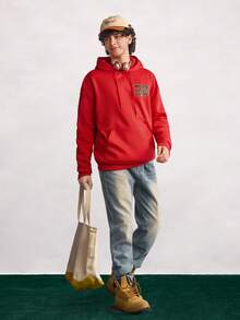 Open Phase 男士洛杉矶 28 号图案印花抓绒连帽衫，街头风，秋冬 INS 风，日常搭配，男友/老公礼物 - 紅色 - 查看 2