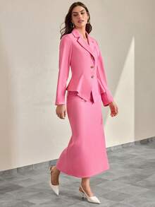 CLARA VERO Women's Pink Blazer And Long Skirt Suit Set Fitted Waist - Pink - View 9