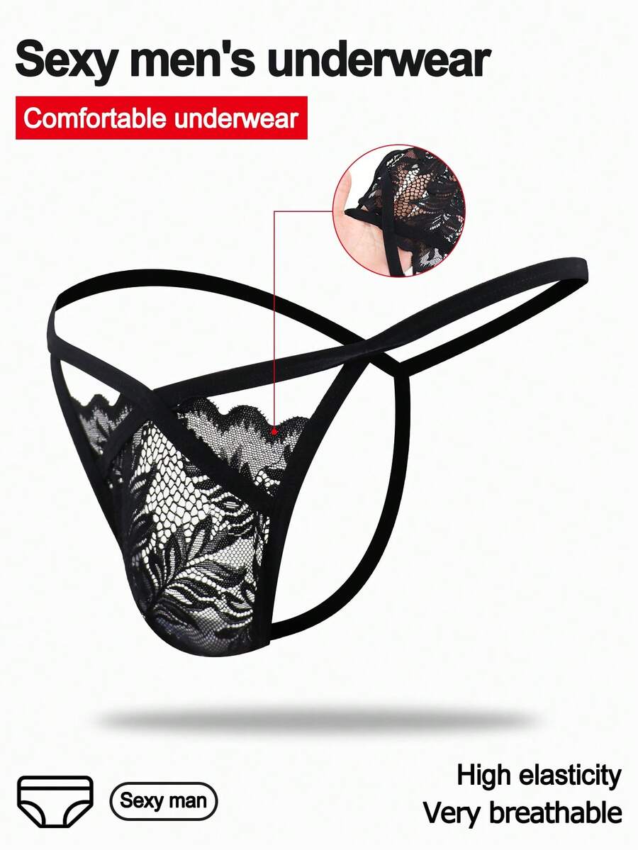 1pc Sexy Lace Trim Breathable Briefs For Men - Black - View 1