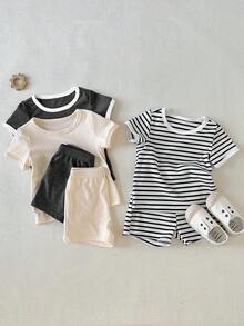 SHEIN Set de 6 piezas de ropa casual para bebé niño con diseño de rayas y estilo minimalista, que incluye camiseta de manga corta y pantalones cortos, adecuado para deportes y juegos al aire libre - Multicolor - Ver 8