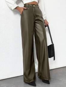 Plus Size Women's Gold Button Detailed Straight Fit Leather Pant - Green - View 5