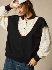 SoleilVie Áo sweatshirt dài tay nữ kiểu vintage phối màu tương phản, khoét rỗng, chất liệu jacquard, thích hợp cho năm mới, thanh lịch, màu trắng, mùa thu, lý tưởng cho những buổi đi chơi và vui vẻ, phong cách retro, thập niên 70, kiểu áo preppy. - Đen và trắng - Xem 6