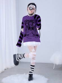 ROMWE Anime Cute Striped Patchwork Women's Cartoon Character Letter Print Casual T-Shirt - Purple - View 3