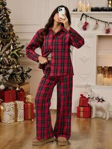 SHEIN Tall Bộ đồ hai mảnh họa tiết kẻ caro đỏ dành cho nữ, thoải mái và giản dị, phong cách Giáng sinh thu đông, thích hợp cho các bữa tiệc và tụ họp, người mua rất vui khi được ăn mừng - Đỏ - Xem 6
