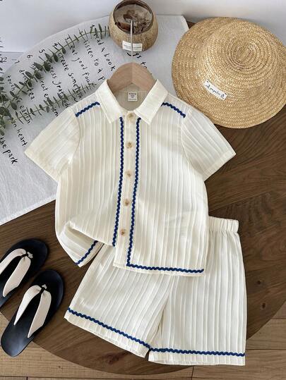 LMoss Kids LMoss  2pcs Young Boy Woven Casual Shirt And Shorts Set,Boys Preppy Tops, Casual Boy Clothes, Toddler Boy Suit Set, Boy Formal Set, Boy Two Piece Set