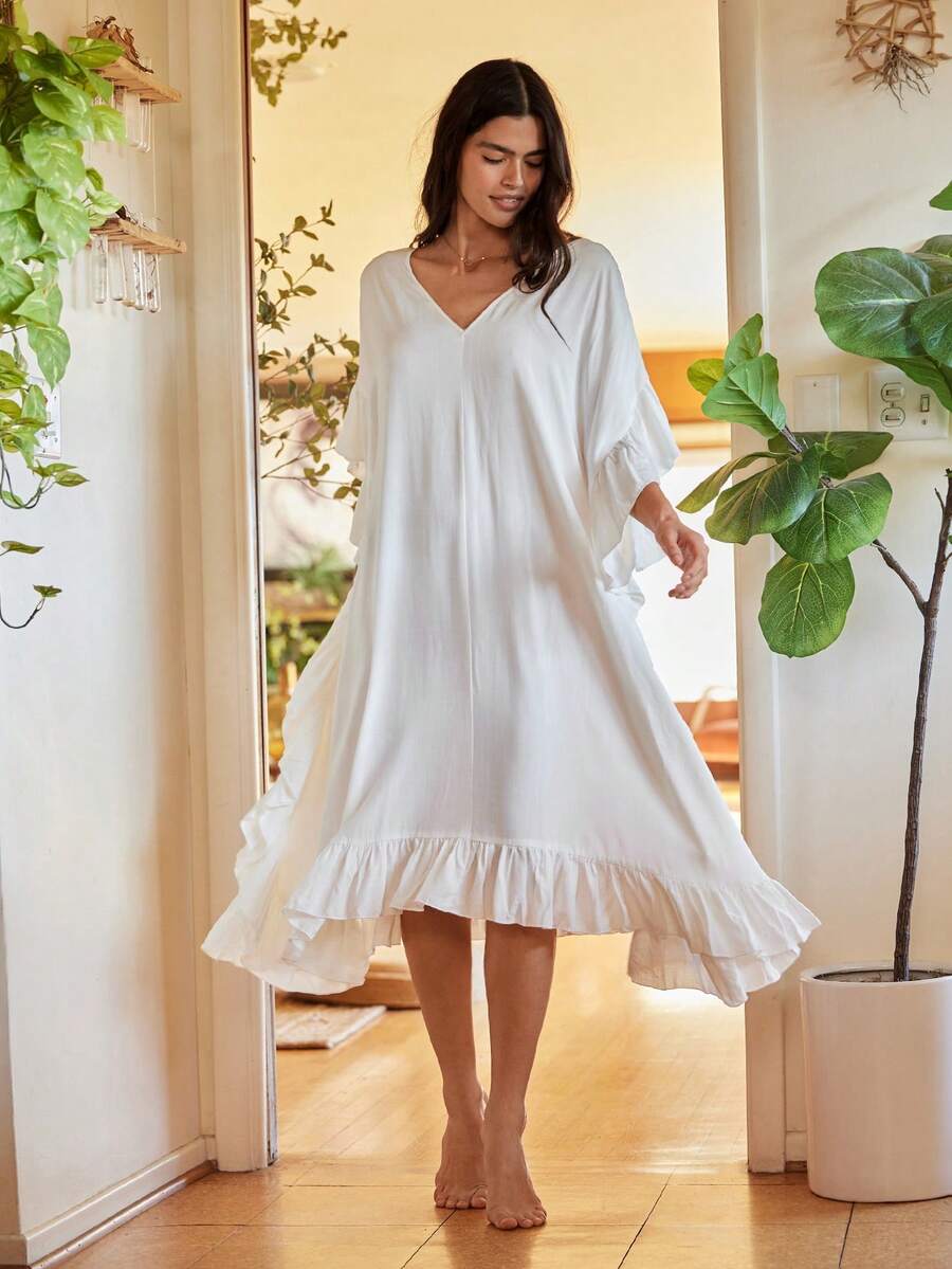 Lullawish Robe maxi ample, élégante et décontractée de style bohème. Robe de nuit à volants plissés pour femmes, convient pour le loungewear ou la tenue de sortie - Blanc - Voir 1