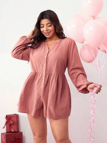 Enliva 加大码女士粉色宽松长袖连体裤，带纽扣和口袋细节，情人节，爱，礼物，浪漫，情人节快乐，2026新年，适合苹果型和圆润身材 - 藕粉色 - 查看 6