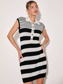 COSMINA Women's Black And White Striped Sleeveless Knit Dress,Summer Effortless Chic Collared Shirt Design,Brunch Back-To-School Elegant Casual Daily Wear - Multicolor - View 3