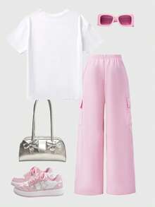 Conjunto de camiseta de manga corta con decoración de lazo y pantalones de pierna ancha para niña preadolescente - Rosa - Ver 9