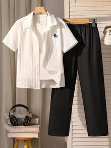 SHEIN Mirajuku 2pcs/Set Casual Teenager White Shirt And Pants Suit, Versatile And Minimalist Style For Tween Boys - Black and White - View 8