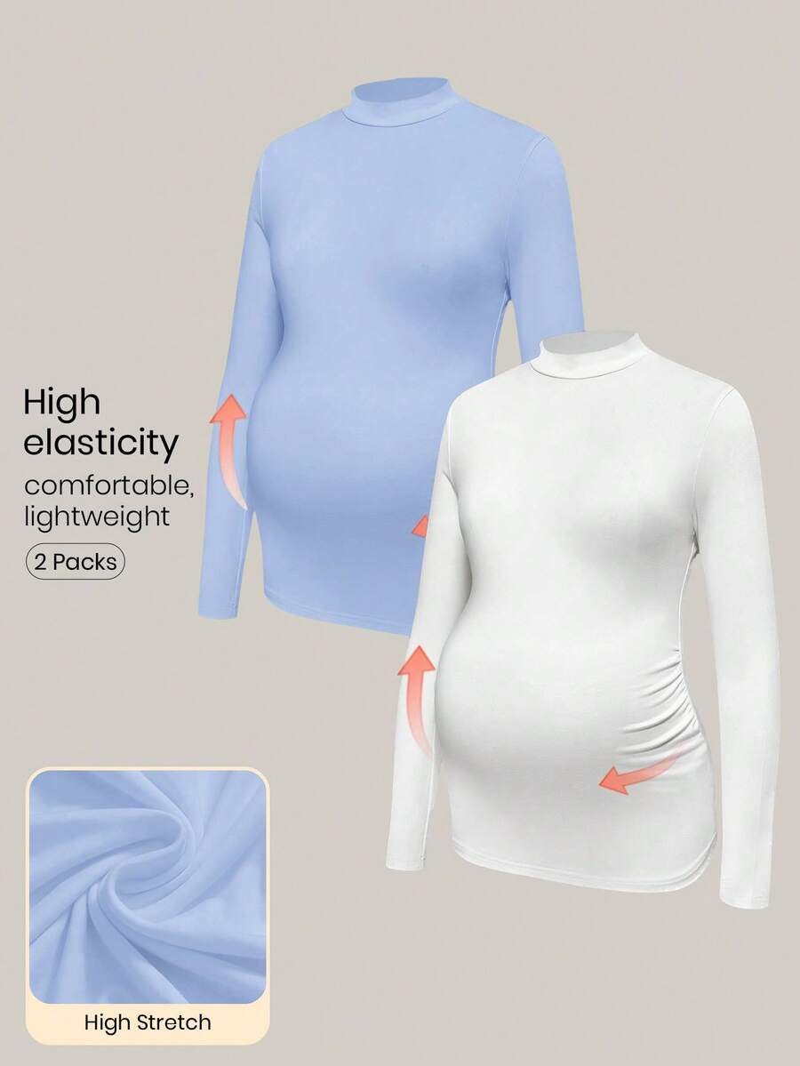 Modmama Maternity Solid Color Stand Collar Long Sleeve Pleated Casual Versatile T-Shirt - Blue - View 1