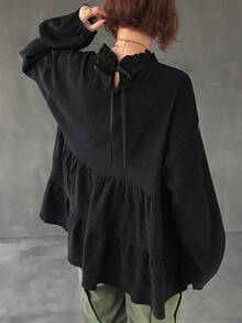 FRIFUL 純色立領後領結腰部拼接百褶紋理布料寬鬆休閒百搭長袖T恤校園風 - 黑色 - 查看 5