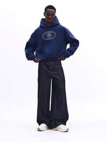 SUMWON 男士刺绣连帽衫，带中央口袋，长袖休闲冬季套头衫，海军蓝/皇家蓝 - 藍色 - 查看 3