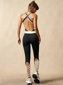 VARSIVA 女式深V领撞色滚边十字交叉露背镂空系带连体裤 - 彩色 - 查看 10