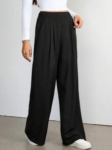 SHEIN Tall Pantalones formales, elegantes y casuales de cintura alta y pierna ancha, para primavera/verano y otoño/invierno - Negro - Ver 6