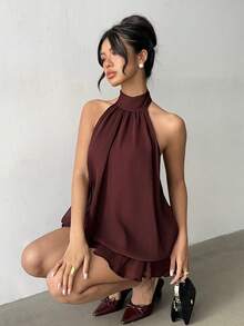 Aloruh 女士优雅浅黄色吊带系带迷你连衣裙 - 巧克力棕 - 查看 8
