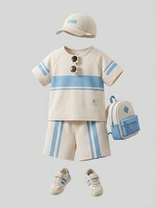 SHEIN Playful Pals 2 Stücke/Set Kleinkinder Jungen Lässig Kurzarm T-Shirt und Shorts Set - Babyblau - Übersicht 6