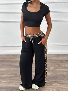 Cloudara Women's Leopard Print Patchwork Tie Waist Loose Wide Leg Casual Pants - Black - View 3