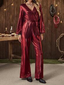 SHEIN LUNE LanaWest Women's Western V-Neck Overlap Front Detachable Belt Metallic Shiny Party Wear Flared Leg Jumpsuit - Burgundy - View 5