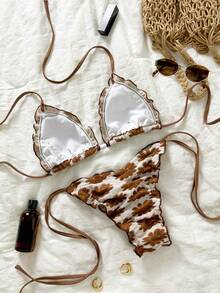 Swim Mod Fabric Halter Tie Side Bikini Set With Plant Pattern And Lace Up Design For Women - Multicolor - View 2