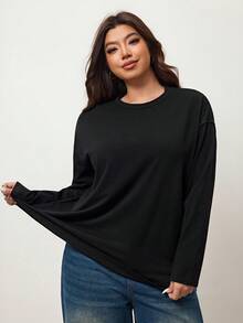 Enliva Plus Size Solid Color Drop Shoulder T-Shirt, For Apple Rounded Body Shape - Black - View 4