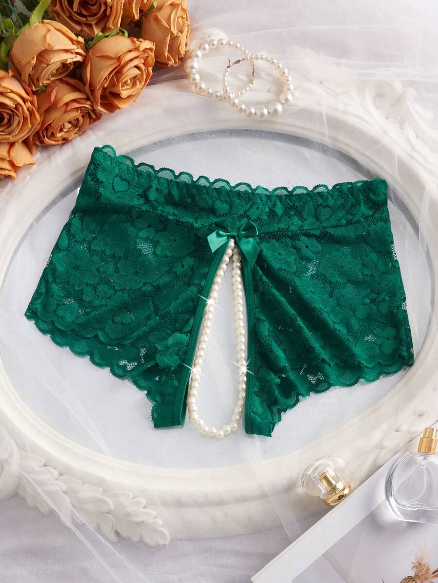 SHEIN 1 chiếc quần lót ren hở đáy đính ngọc trai giả gợi cảm dành cho nữ khi đi chơi - Màu xanh lá cây đậm - Xem 1