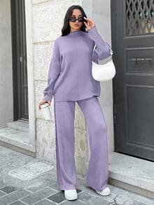SHEIN Tall 2pcs/Set Stand Collar Long Sleeve Pullover Top And Pants Casual Knit Suit - Mauve Purple - View 3