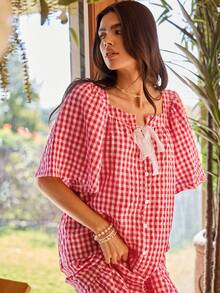 Lullawish 女士波西米亚风宽松棉质格子娃娃短款睡裙 - 紅白色 - 查看 7