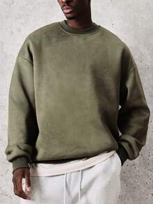 SUMWON 男士水洗橄榄绿圆领卫衣，白色标签细节，冬季休闲套头衫 - 綠色 - 查看 5