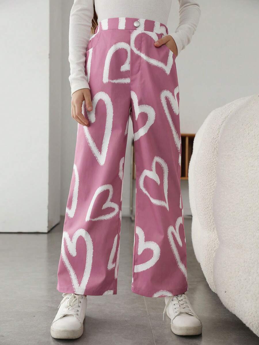 SHEIN Tween Girls' Casual Cute High Waist Woven Heart Pattern Wide Leg Pants - Pink - View 1