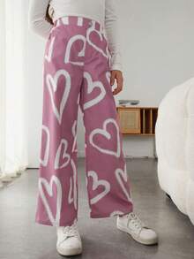 SHEIN Tween Girls' Casual Cute High Waist Woven Heart Pattern Wide Leg Pants - Pink - View 4