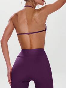 Musera Sport Halterneck Scrunch Center Strap Back Bra Active Workout Gympadel, Tennis, Pickleball Gym - Purple - View 3