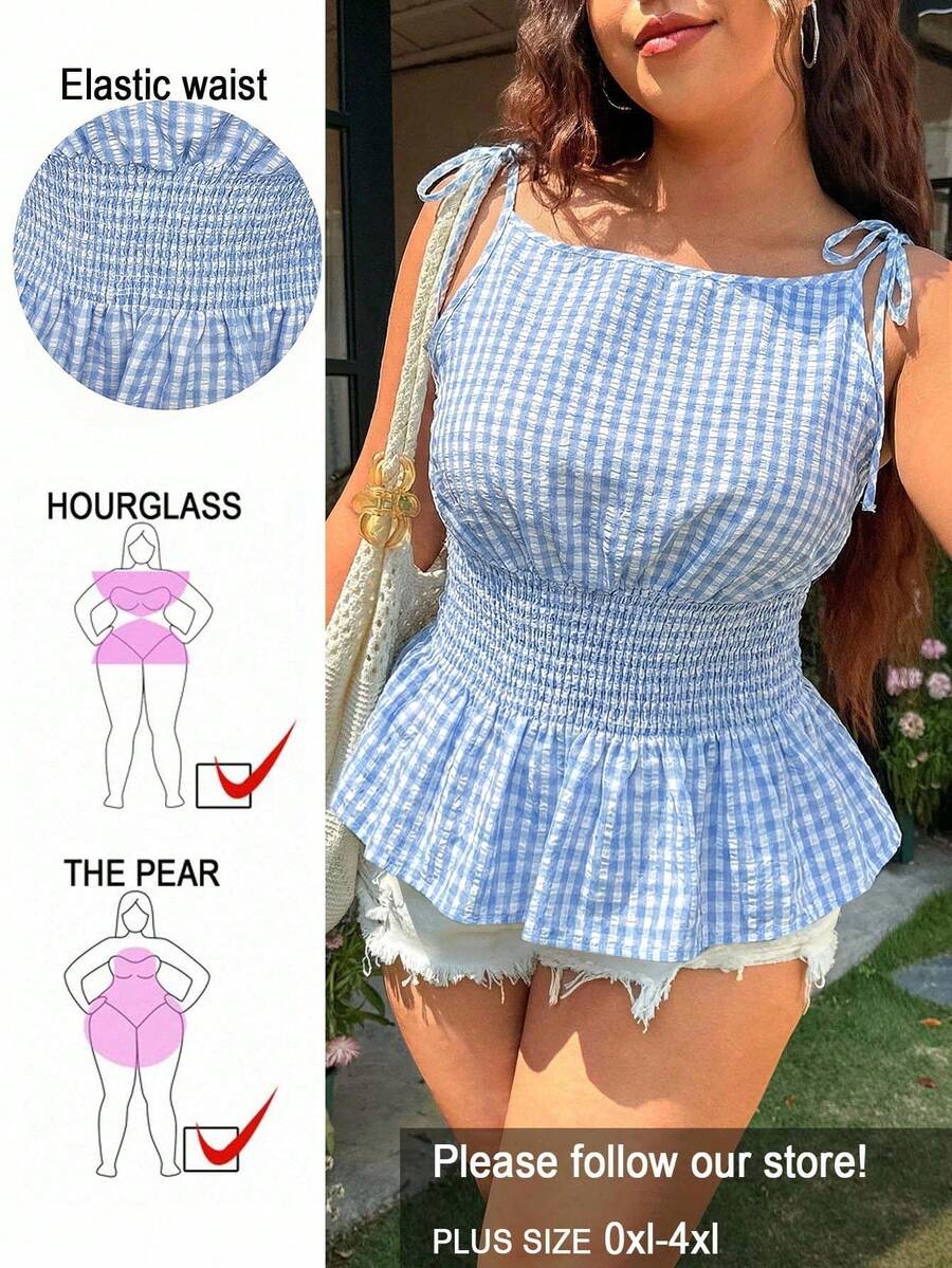 SHEIN EZwear 大码波西米亚风蓝色格子印花系带无袖休闲女式衬衫 - 淺藍色 - 查看 1