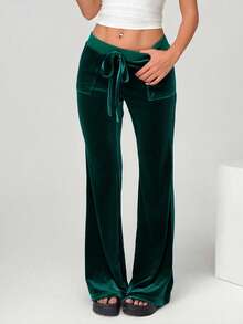 SHEIN EZwear 女士抽绳腰针织喇叭宽松裤，橄榄绿 - 墨綠色 - 查看 5