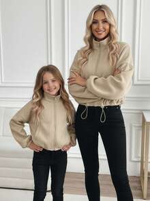 SHEIN Young Girl Zip-Up Drawstring Long Sleeve Warm Fleece Fashionable Casual Stand Collar Sweatshirt Jacket Khaki Zip Up In Fall/Winter Zip Up Top Khaki Top Sweatshirt Plain Color Zip Up Sweatshirt Chic Beige Cropped Sweatshirt Jacket With Full Zip And Stand Collar Ideal For Casual Fall Spring - Khaki - View 4